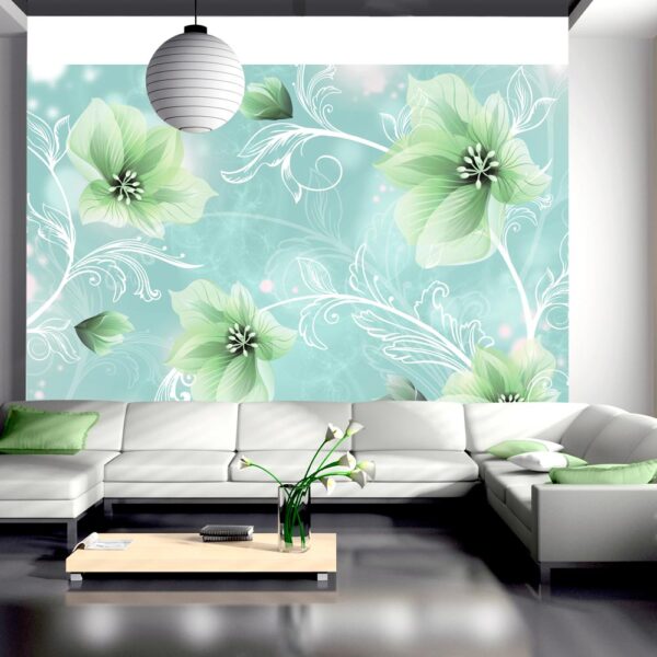 ARTGEIST - Fototapet med grønne blomster på lys blå baggrund - Flere størrelser 100x70