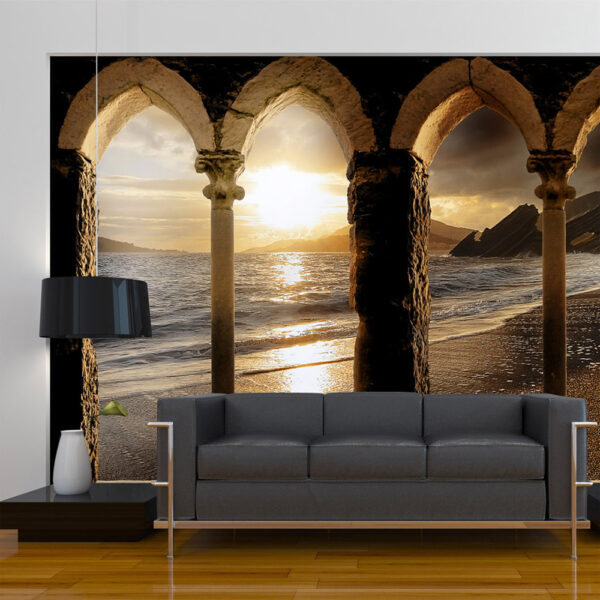 ARTGEIST Fototapet med motiv af arkitektur og udsigt til solnedgang ved stranden (flere størrelser) 200x140