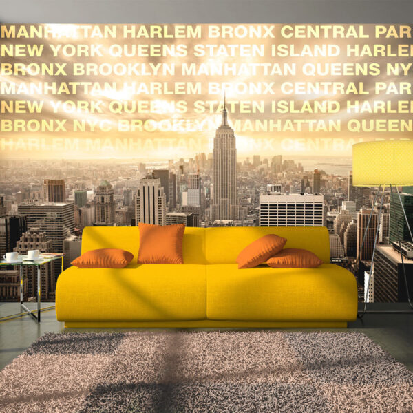 ARTGEIST Fototapet med udsigt over New York City og gul tekst (flere størrelser) 100x70