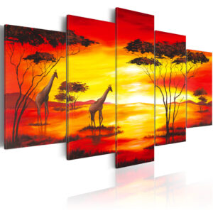 ARTGEIST - Giraffer på savannen i rød/orange solnedgang trykt på lærred - Flere størrelser 200x100