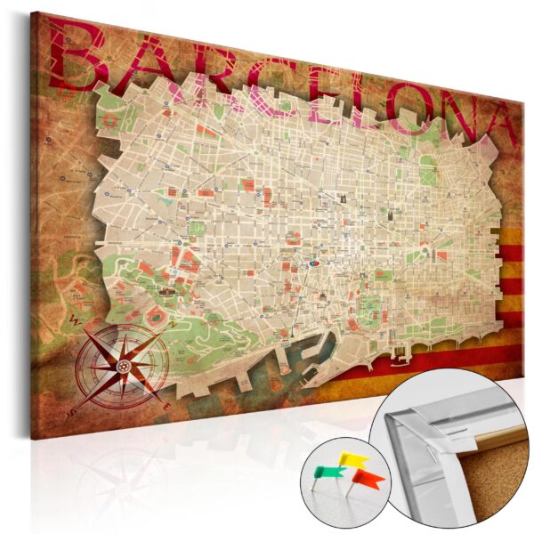 Artgeist Map Of Barcelona - Kort Over Barcelona I Kork - Røde Og Gule Farver - Flere Størrelser 120X80 -> Bedste priser