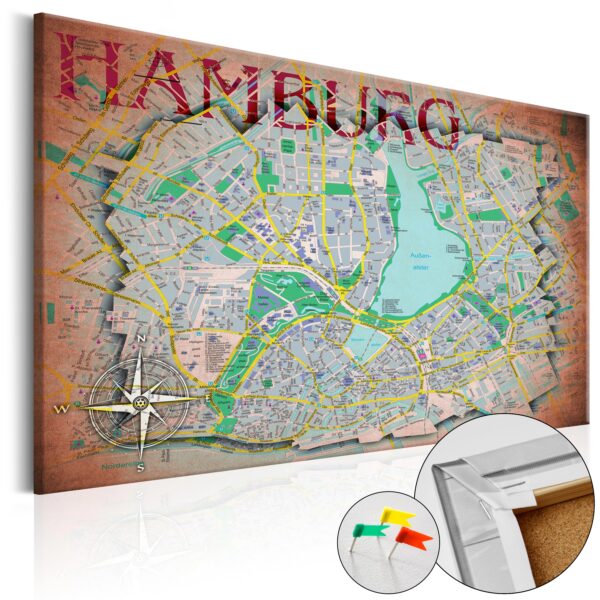 Artgeist Map Of Hamburg - Kort Over Hamborg Trykt På Kork - Flere Størrelser 120X80 -> Køb online i dag