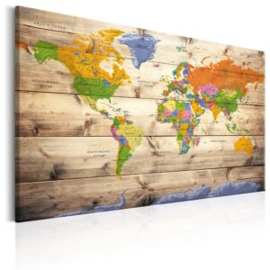 Artgeist Map On Wood: Colourful Travels - Farverigt Klassisk Kort Trykt På Lærred - Flere Størrelser 60X40 -> Overkommelige priser