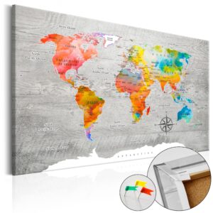 Artgeist Multicolored Travels - Farverigt Verdenskort På Beton Trykt På Kork - Flere Størrelser 120X80 -> Bredt sortiment til rådighed