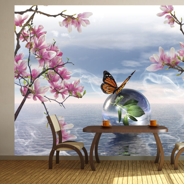 ARTGEIST Natur fototapet med motiv af kirsebærtræ og sommerfugl på boble i havet (flere størrelser) 300x210