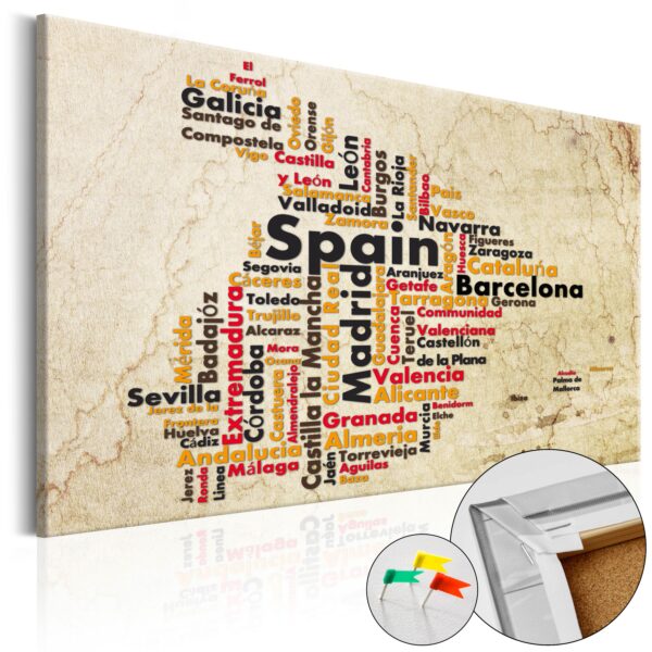 Artgeist Spanish Cities - Kort Over Spanien Lavet Af Bynavne Trykt På Kork - Flere Størrelser 120X80 -> Fair priser