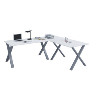 Lona X-Feet Hjørneskrivebord - Hvid Træ Og Sølv Metal (220X160X80) -> På lager og klar til forsendelse