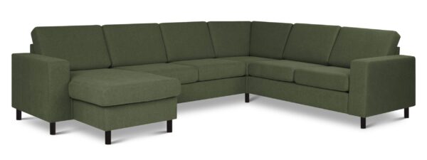 Pan set 6 U 2C3D sofa med chaiselong - vinter mosgrøn polyester stof og sort træ