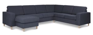 Pan set 6 U 2C3D sofa med chaiselong - blå polyester stof og natur træ