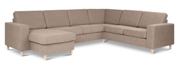 Pan set 6 U 2C3D sofa med chaiselong - antelope beige polyester stof og natur træ